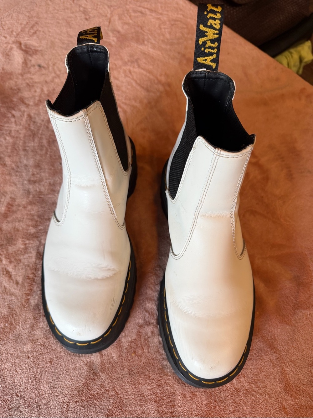 Dr. Martens White Leather Chukka Chelsea Boots with Yellow Stitching